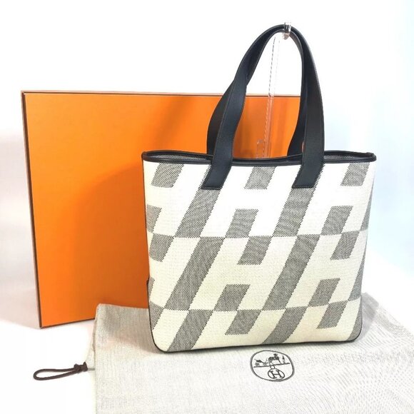 HERMES H Ambier GM Hand Bag Tote Bag Toile H / VeauSwift Black/White/Gray - Picture 1 of 11
